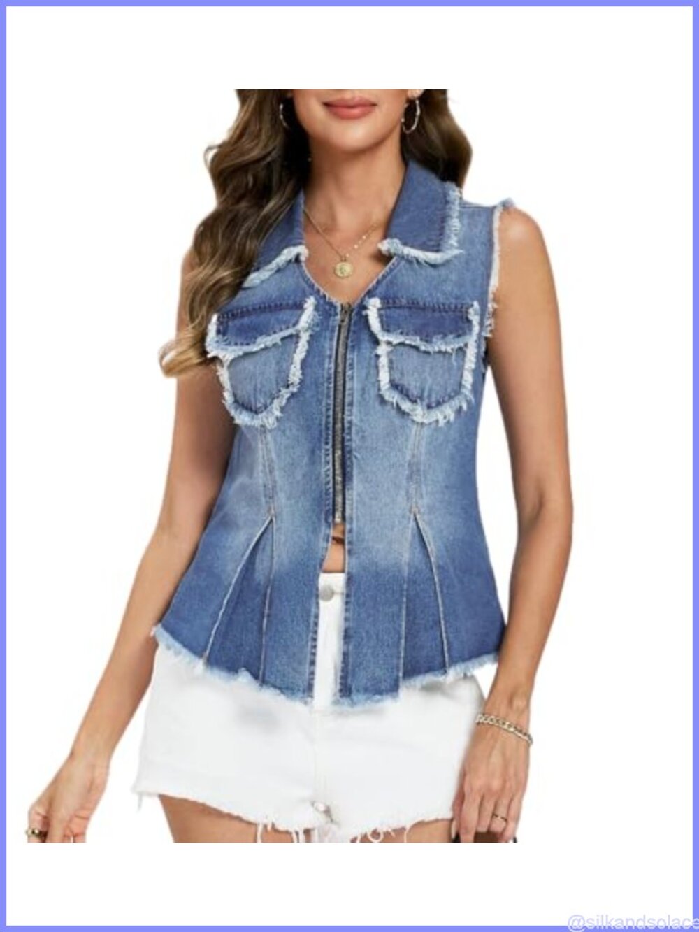 Sleeveless Frayed Denim Vest V Neck Zip Ruffle Hem Country Concert Jean